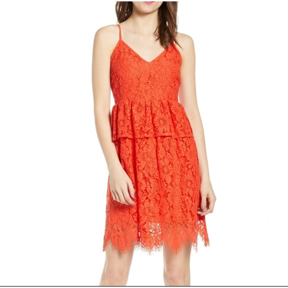 Endless Rose Peplum Dress Full Orange Lace Small Linen-Cotton Lined Knee Length